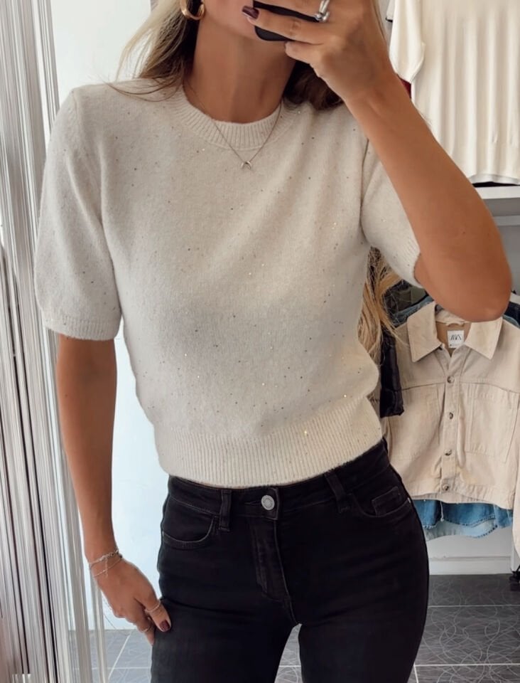 Pullu Simli Kısa Kol Kazak Krem