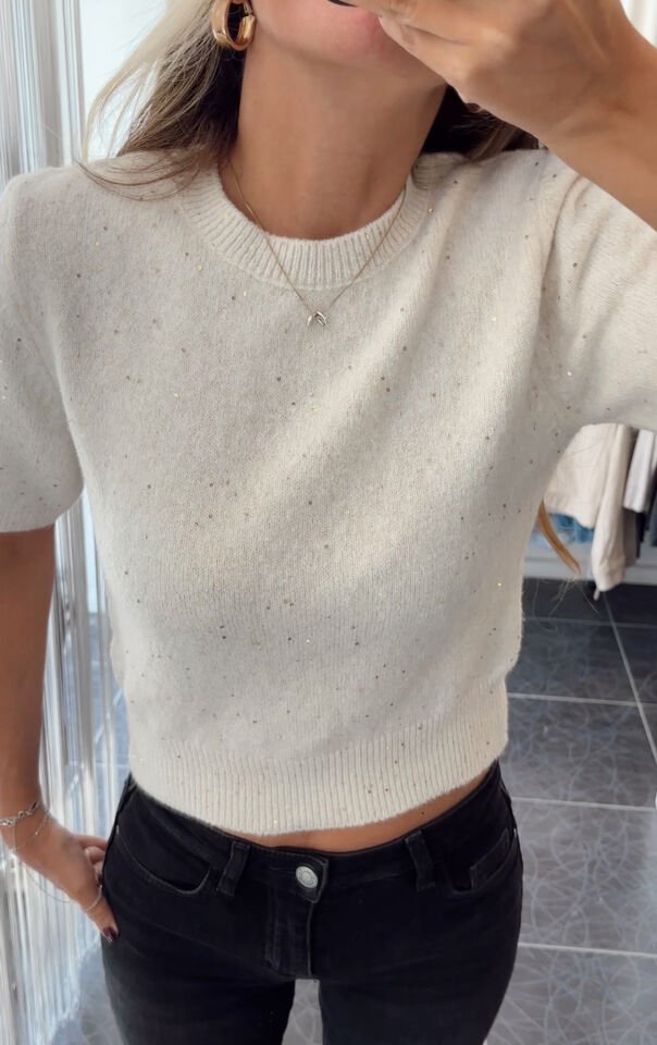 Pullu Simli Kısa Kol Kazak Krem