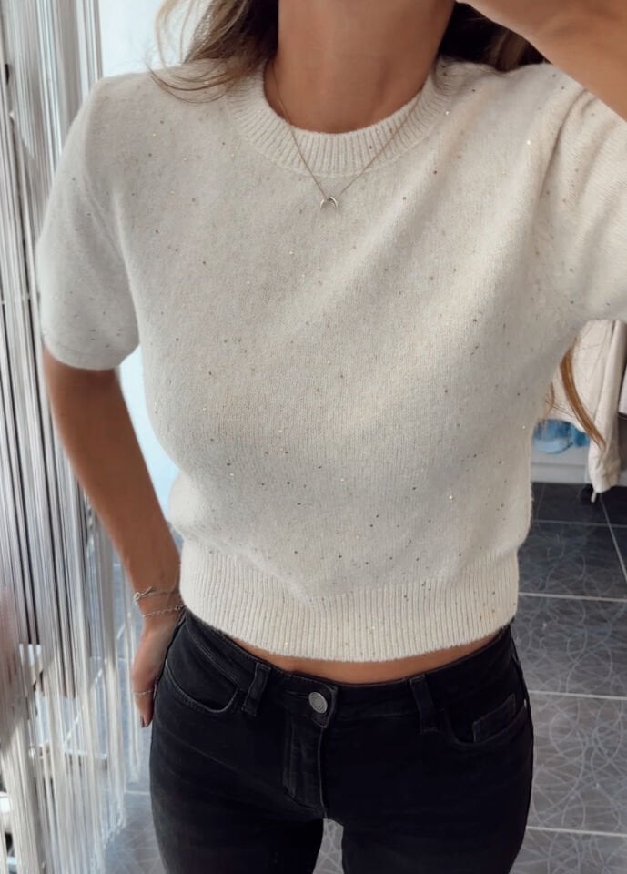 Pullu Simli Kısa Kol Kazak Krem