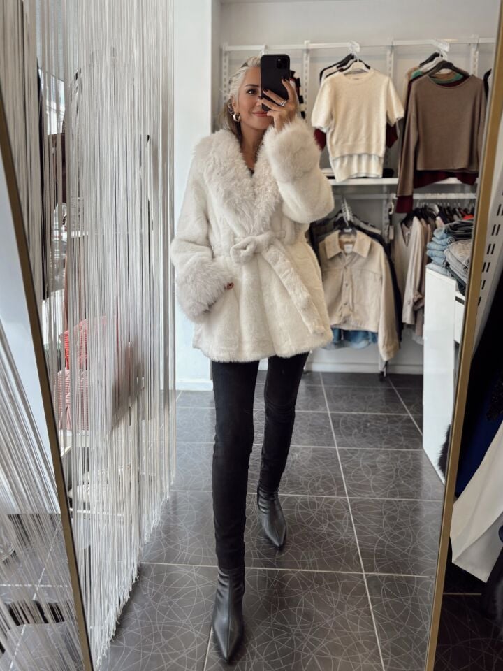 İthal Premium Kürklü Kuşaklı Kaban Ekru