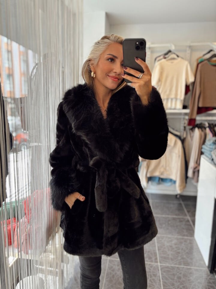 İthal Premium Kürklü Kuşaklı Kaban Siyah