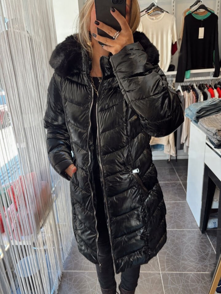 Premium İthal Kürklü Parlak Kaban Siyah