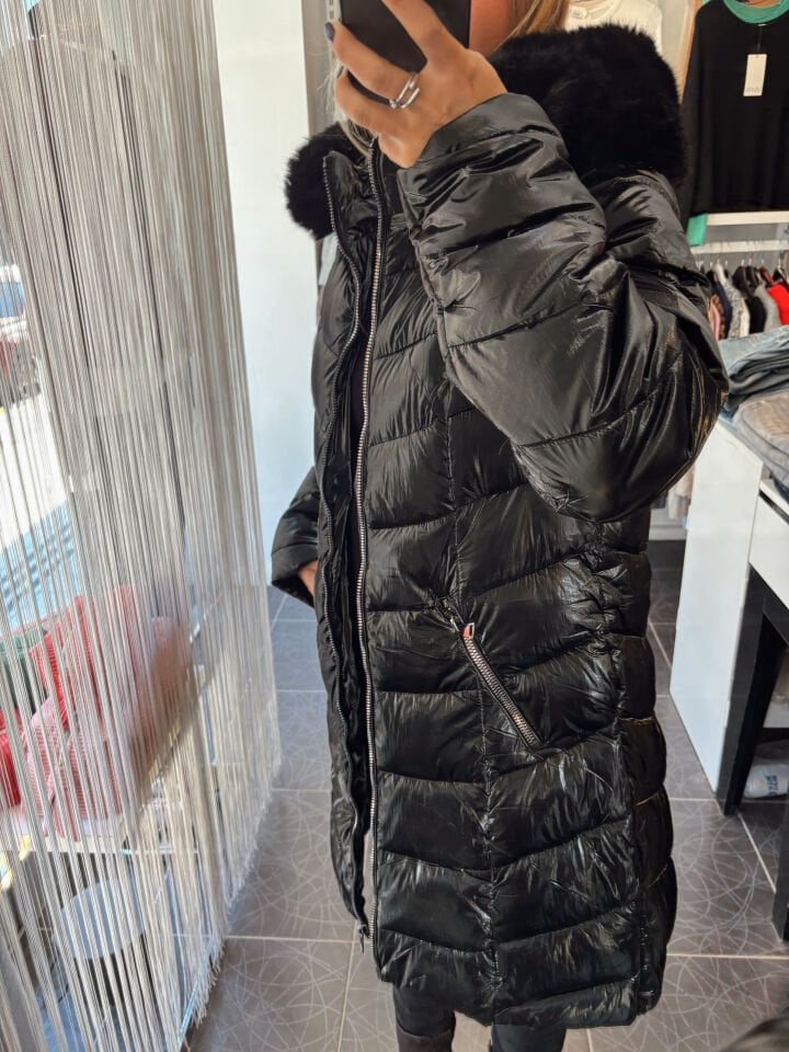 Premium İthal Kürklü Parlak Kaban Siyah