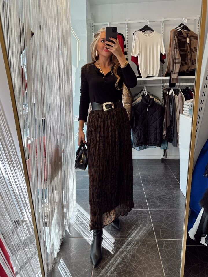 Kemerli Kraslı Leopar Desen Etek Kahve