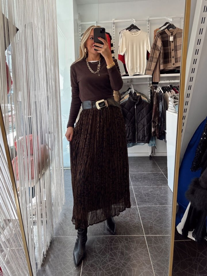 Kemerli Kraslı Leopar Desen Etek Kahve