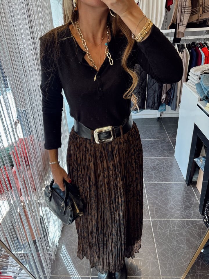 Kemerli Kraslı Leopar Desen Etek Kahve