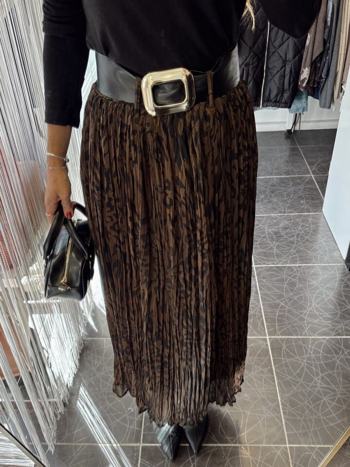 Kemerli Kraslı Leopar Desen Etek Kahve