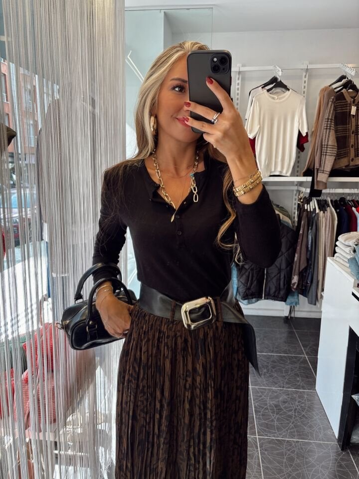 Düğmeli Uzun Kol Triko Bluz Siyah