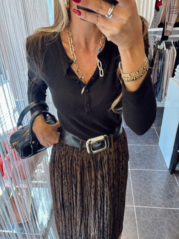 Düğmeli Uzun Kol Triko Bluz Siyah