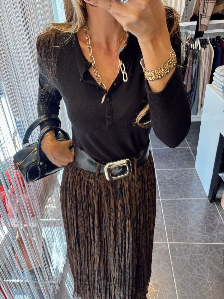 Düğmeli Uzun Kol Triko Bluz Siyah