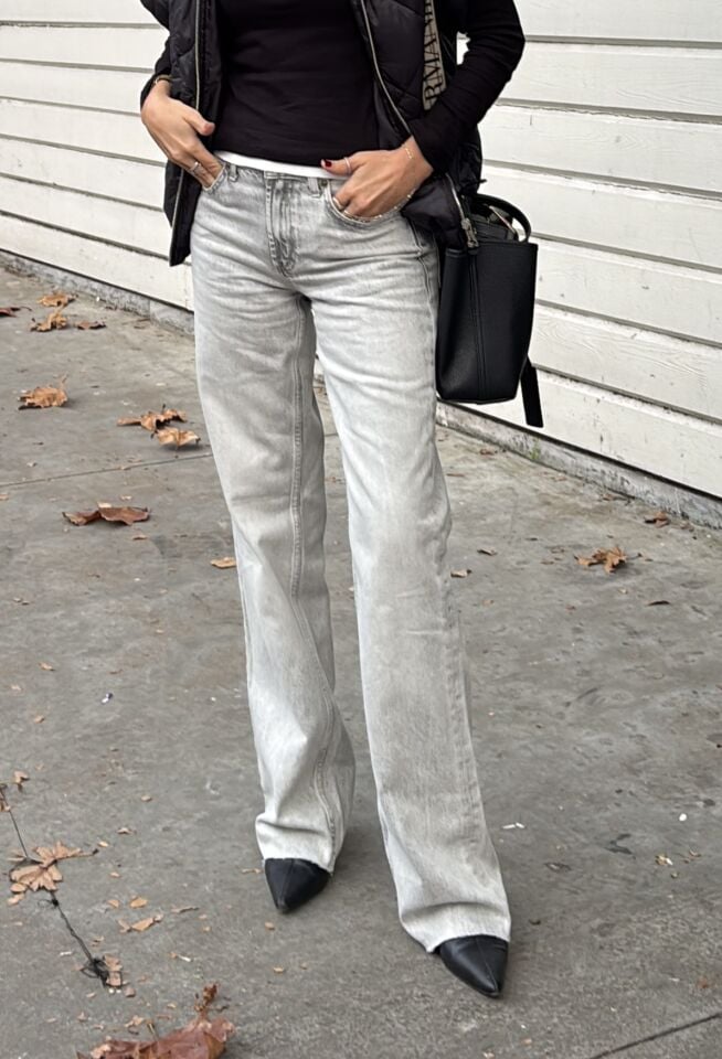 Wide Leg Orta Bel Jean Pantolon Taşlanmış Açık Gri