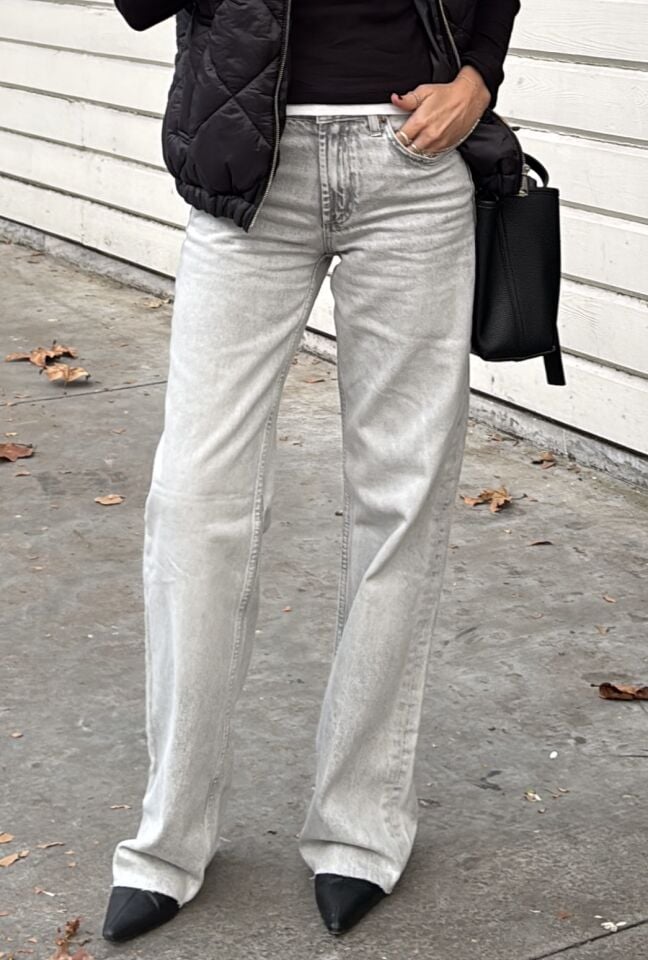 Wide Leg Orta Bel Jean Pantolon Taşlanmış Açık Gri