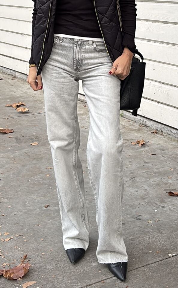 Wide Leg Orta Bel Jean Pantolon Taşlanmış Açık Gri