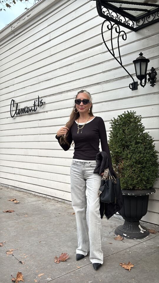 Wide Leg Orta Bel Jean Pantolon Taşlanmış Açık Gri