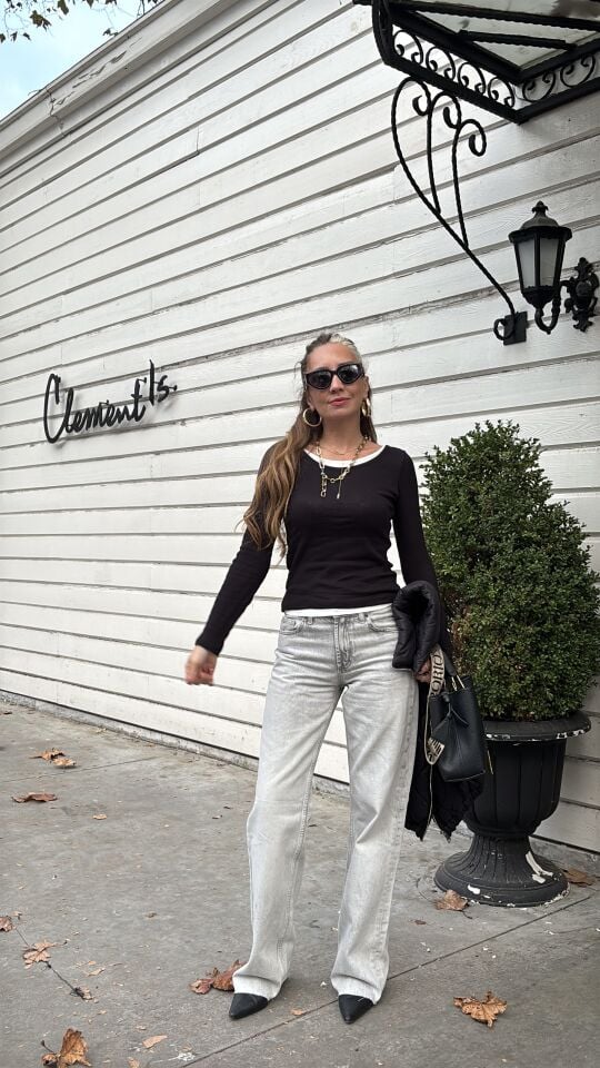 Wide Leg Orta Bel Jean Pantolon Taşlanmış Açık Gri