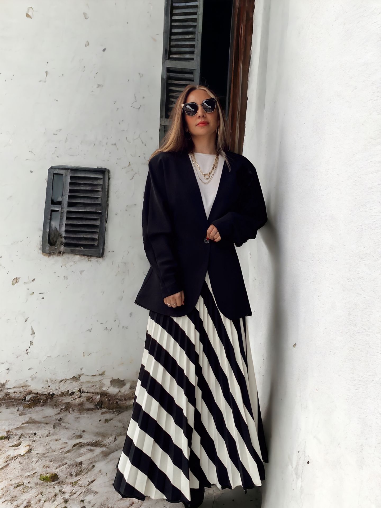 Premium Verev Çizgili Siyah Beyaz Maxi Etek