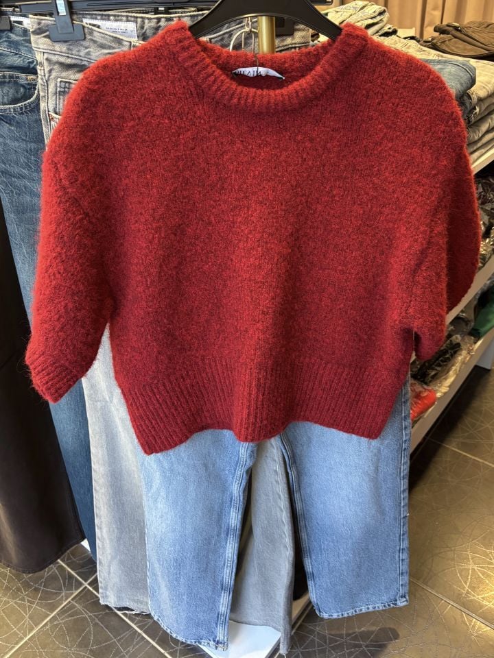 Kısa Kol Yumuşak Doku Bordo Kazak