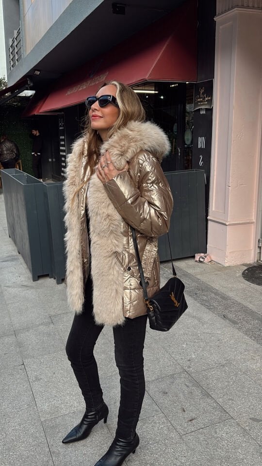 Premium Kürklü Kemerli Parlak Gold Bakır Mont