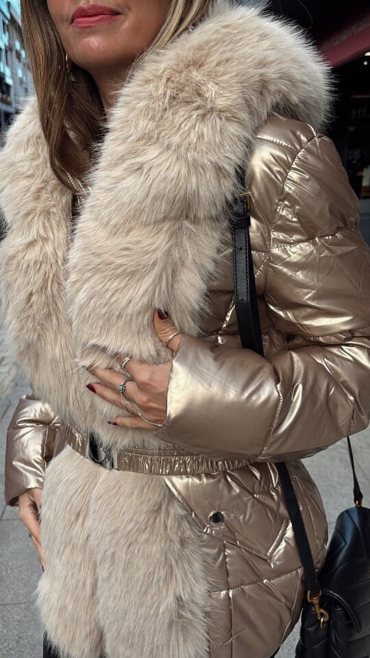 Premium Kürklü Kemerli Parlak Gold Bakır Mont