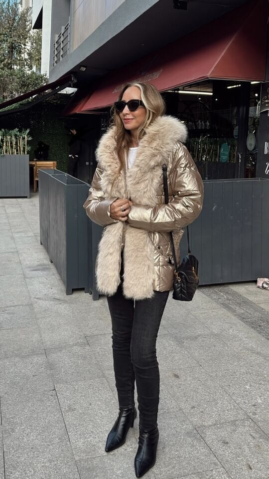 Premium Kürklü Kemerli Parlak Gold Bakır Mont