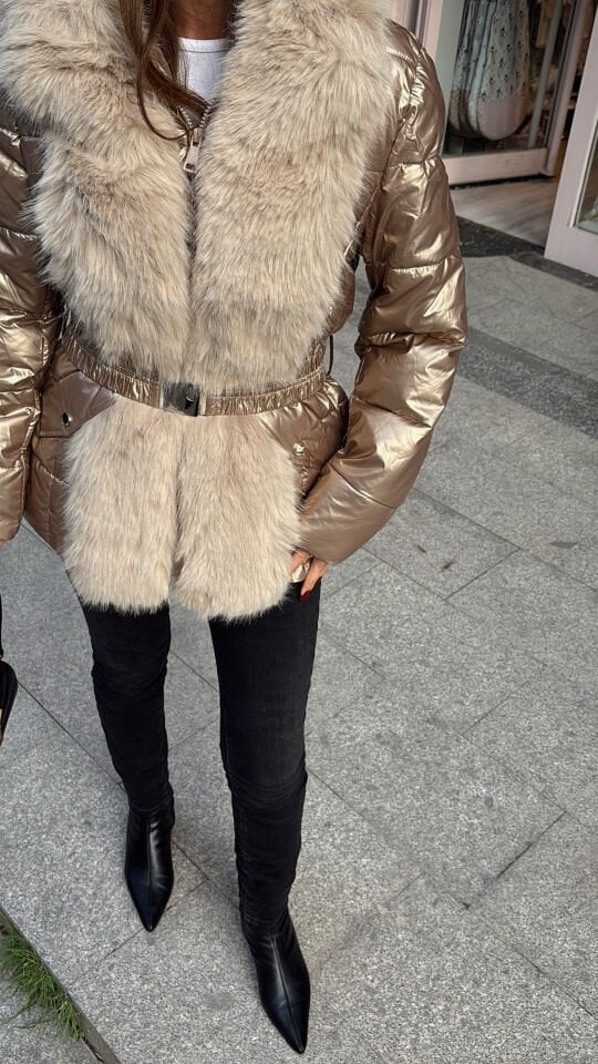 Premium Kürklü Kemerli Parlak Gold Bakır Mont