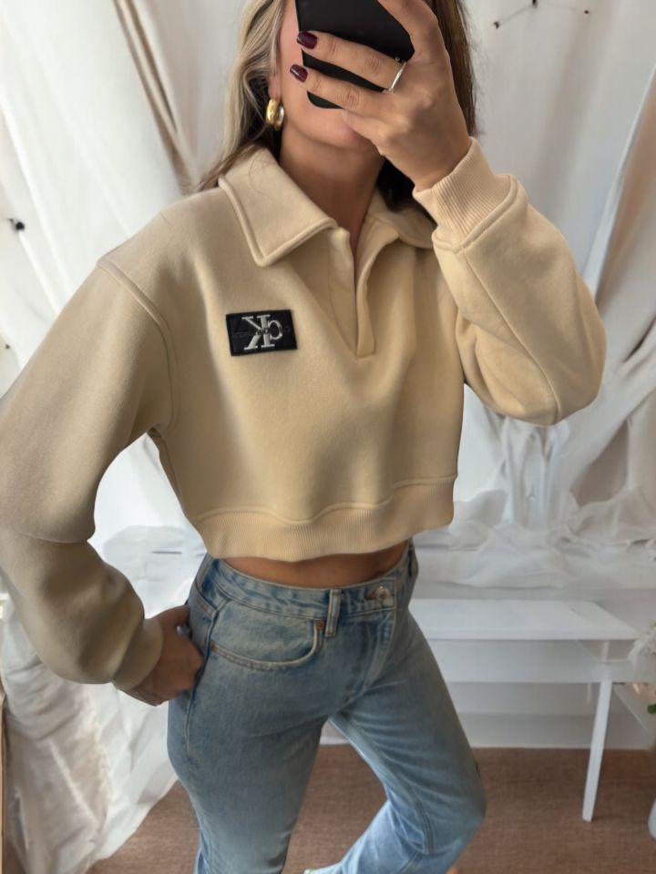 Polo Yaka Crop Sweatshirt