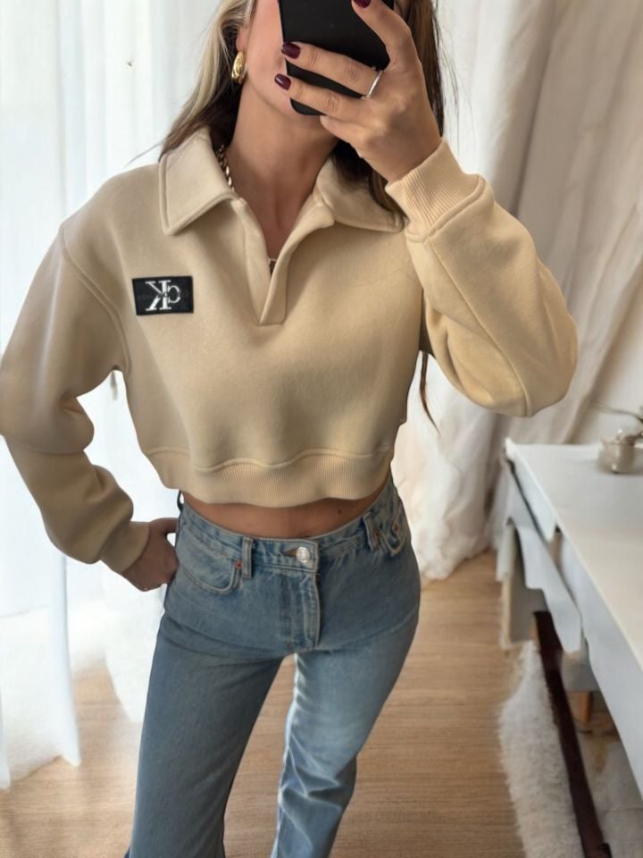 Polo Yaka Crop Sweatshirt
