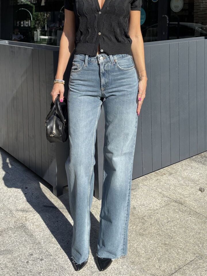 Orj. Wide Leg Taşlanmış Açık Mavi Jean Pantolon