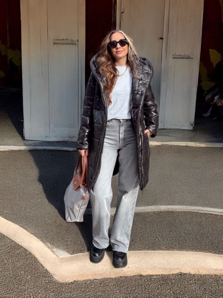 İthal Tasarım Kapüşonlu Kuşaklı Uzun Şişme Mont Siyah