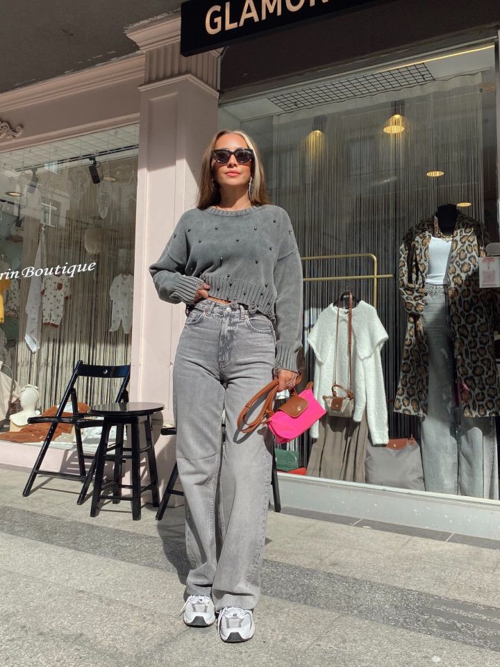 High Rise Wide Leg Yüksek Bel Jean Pantolon Açık Gri