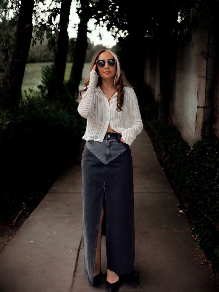 Tasarım Maxi Boy Yırtmaçlı Denim Etek Antrasit