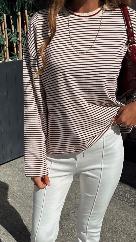 Çizgili Sweatshirt Ekru Kahve