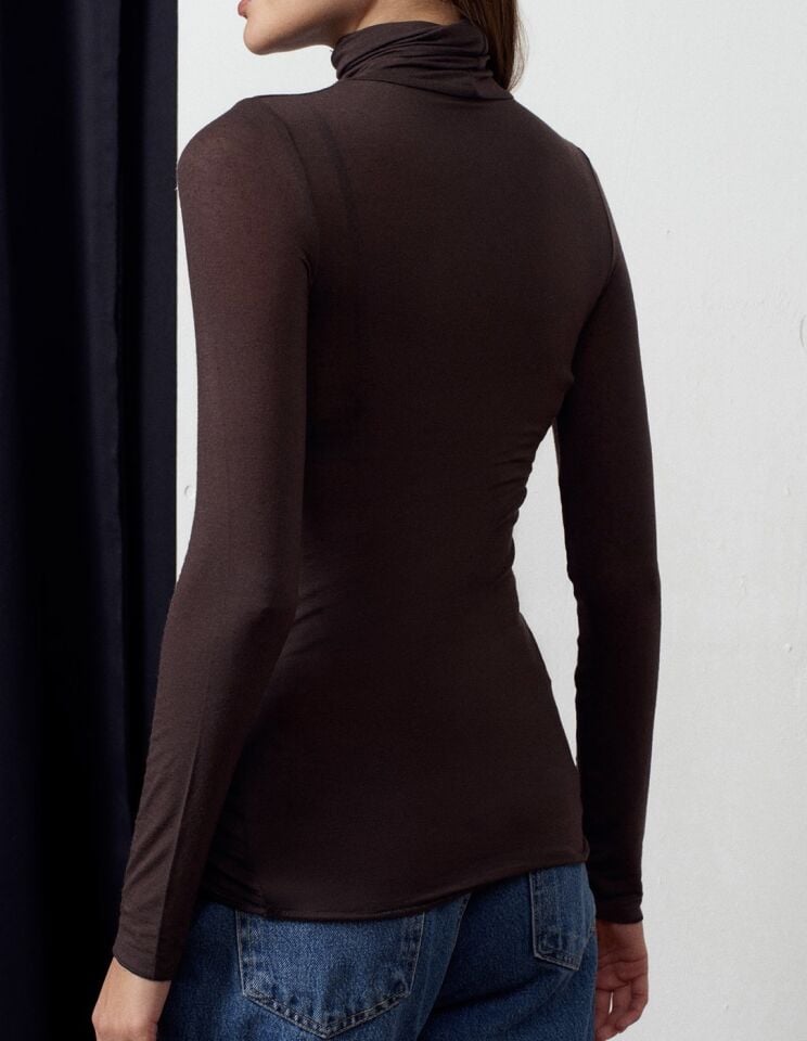 Modal Kaşmir Dokulu Transparan Balıkçı Bluz Kahve