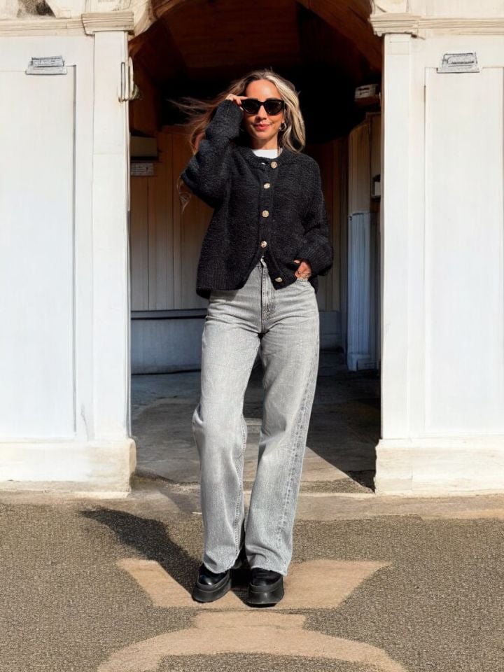 Dilvin Premium Gold Düğmeli Buklet Antrasit Hırka