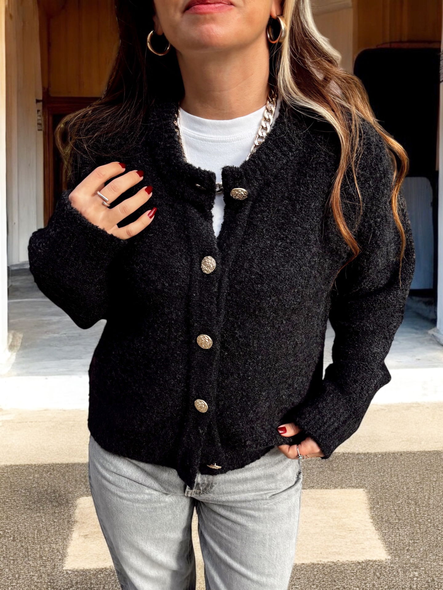 Dilvin Premium Gold Düğmeli Buklet Antrasit Hırka