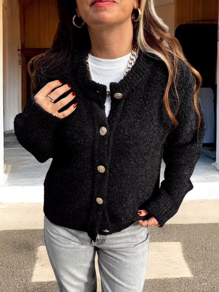 Dilvin Premium Gold Düğmeli Buklet Antrasit Hırka