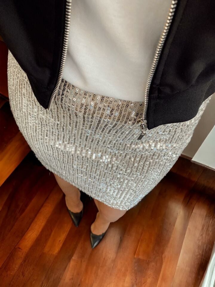 Payetli Mini Gümüş Etek