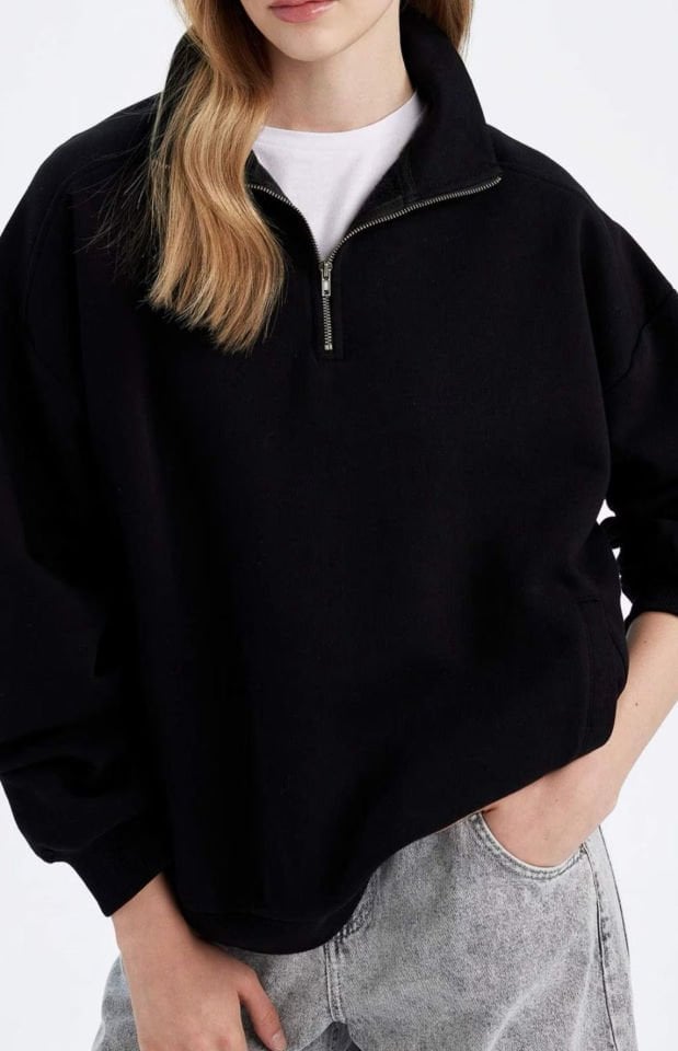 Fermuarlı Modal Sweatshirt Siyah