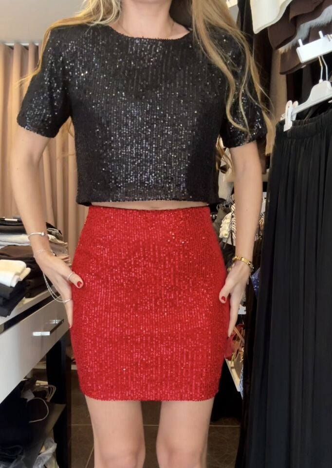 Payetli Mini Kırmızı Etek