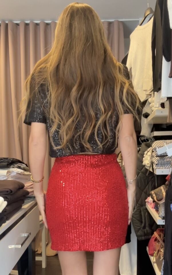 Payetli Mini Kırmızı Etek