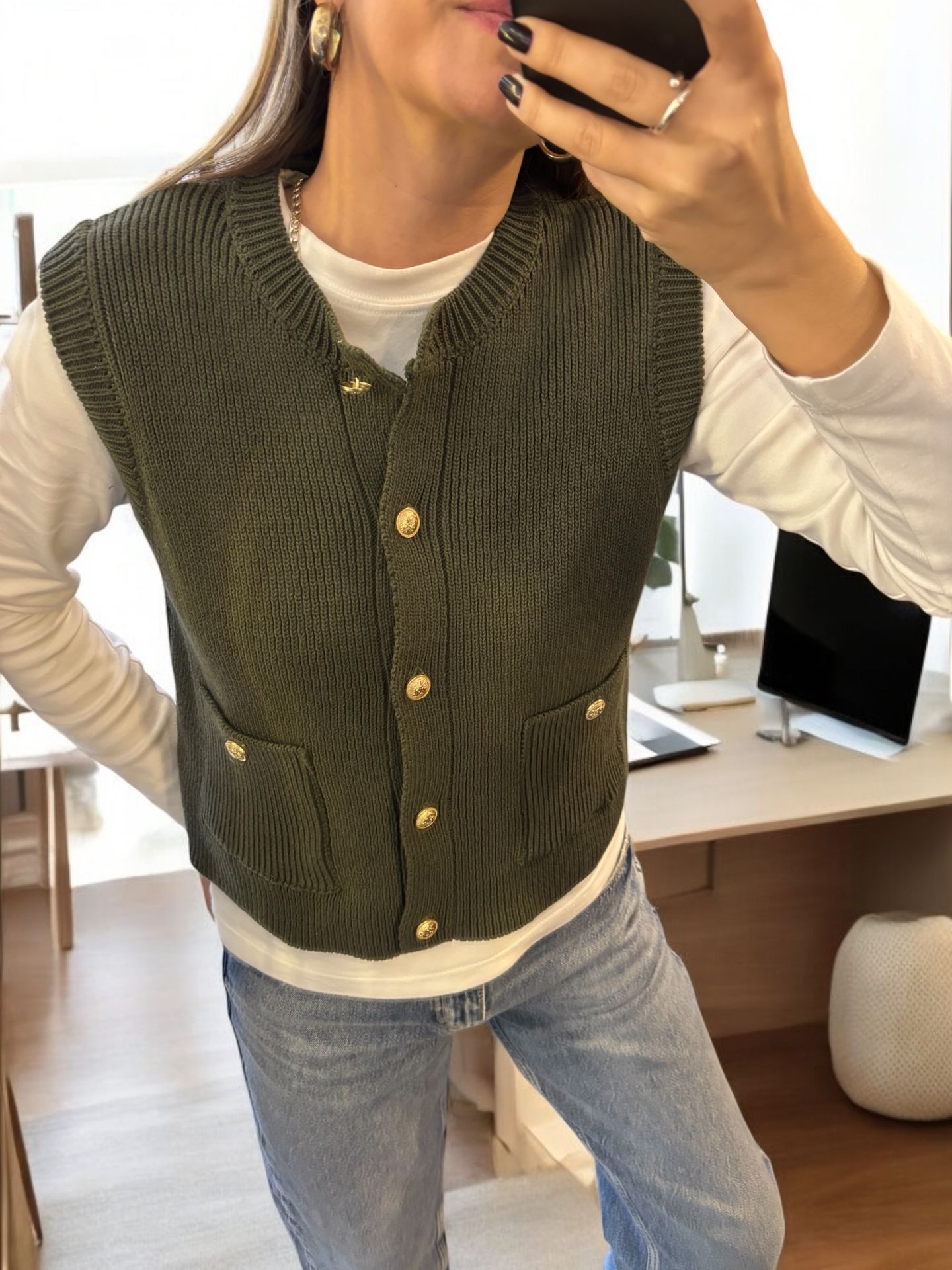 Bisiklet Yaka Düğmeli Cepli Triko Yelek Haki