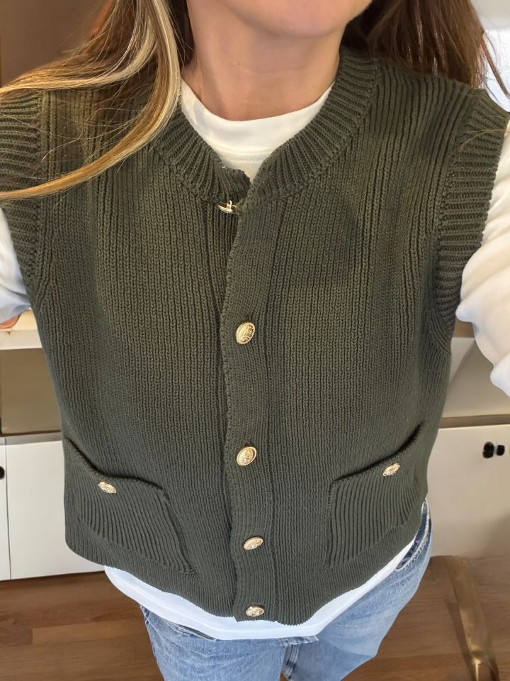 Bisiklet Yaka Düğmeli Cepli Triko Yelek Haki