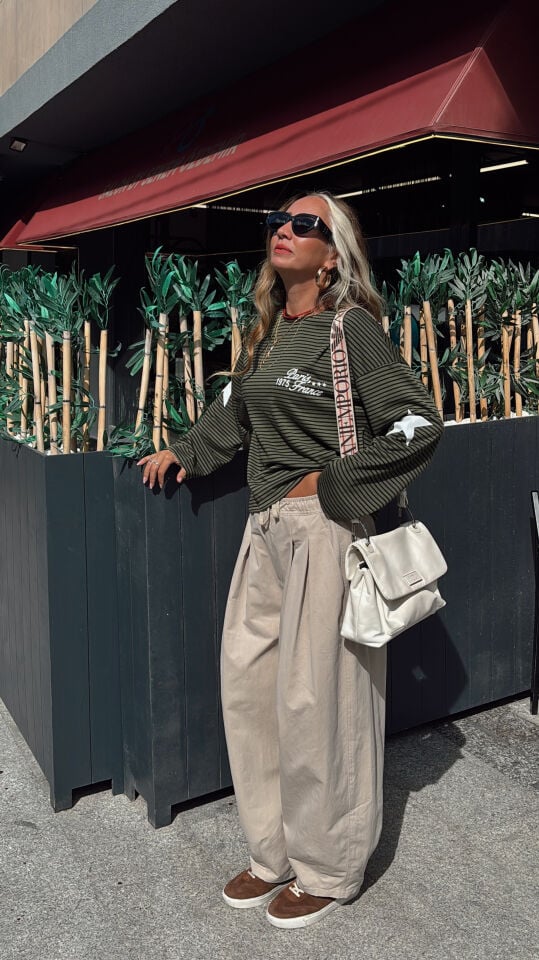Çizgili Yıldızlı Sweatshirt Yeşil Kahve