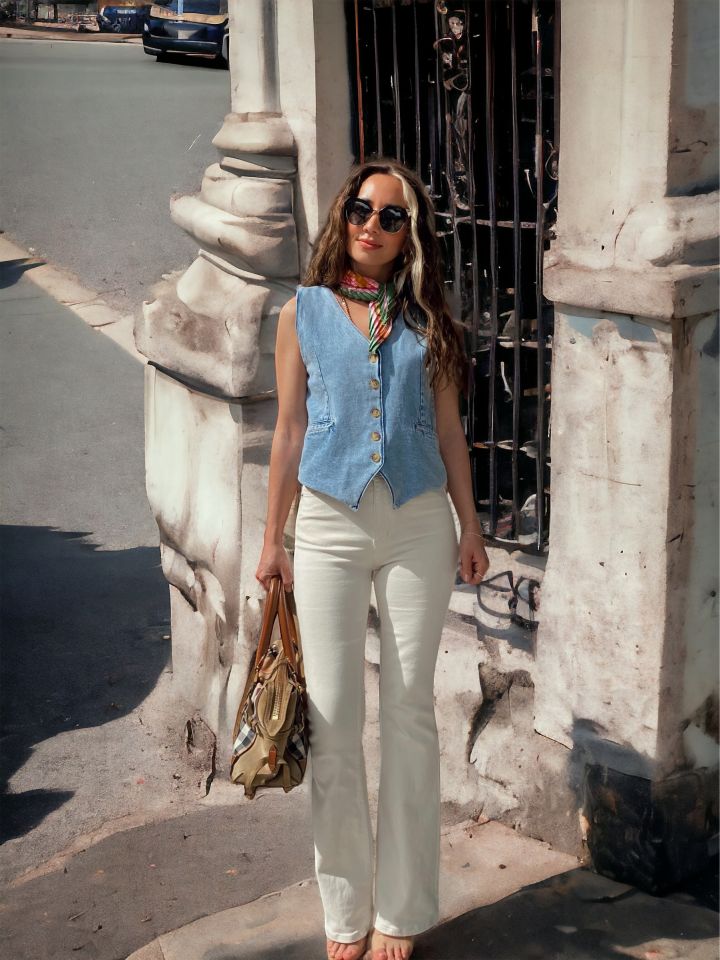 Cepli Açık Mavi Denim Yelek