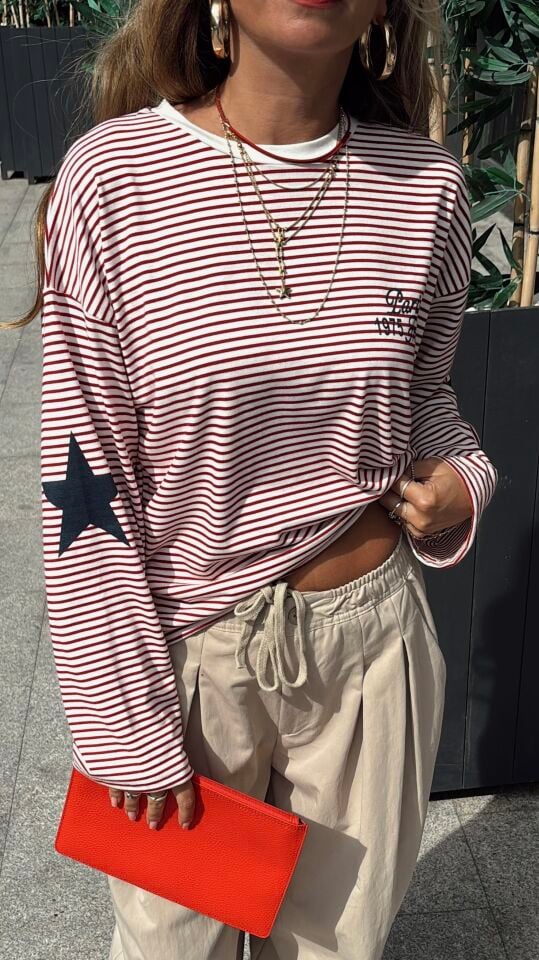 Çizgili Yıldızlı Sweatshirt Kırmızı Beyaz