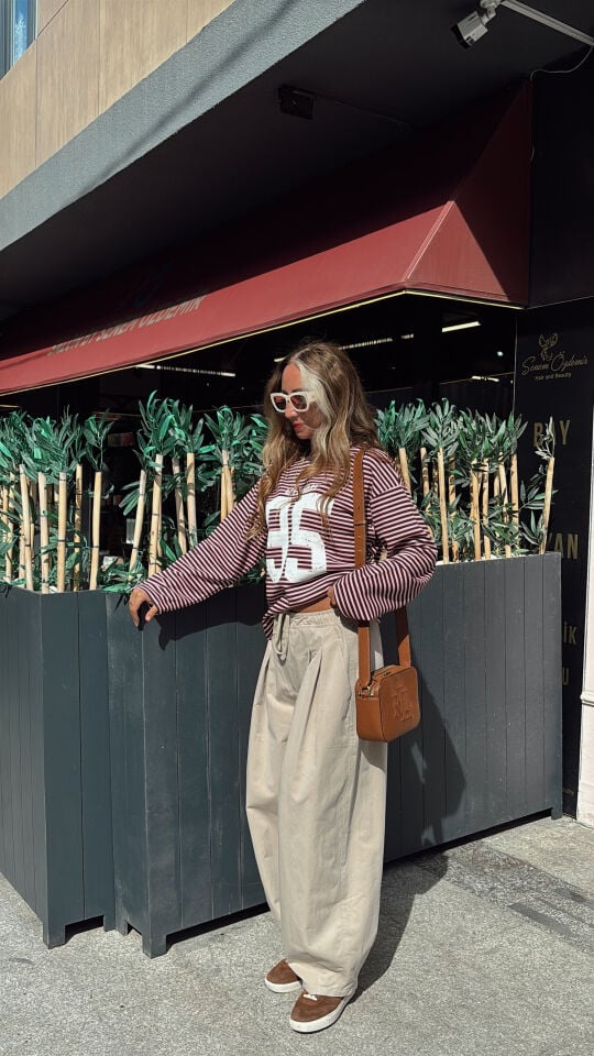 Çizgili 95 Sweatshirt Pembe Kahve
