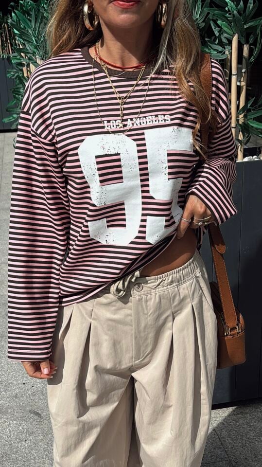 Çizgili 95 Sweatshirt Pembe Kahve