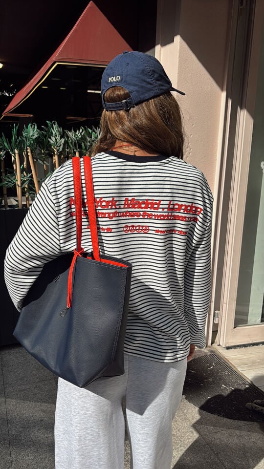 Çizgili Yazılı Sweatshirt Lacivert Ekru