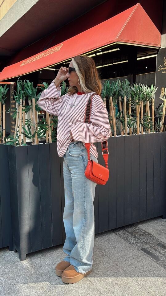 Çizgili Yazılı Sweatshirt Kırmızı Ekru