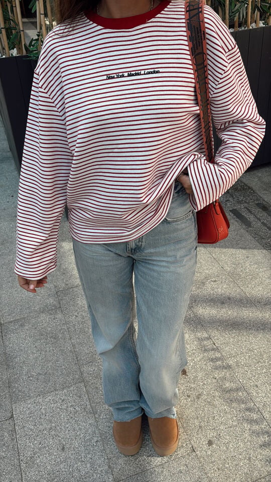 Çizgili Yazılı Sweatshirt Kırmızı Ekru